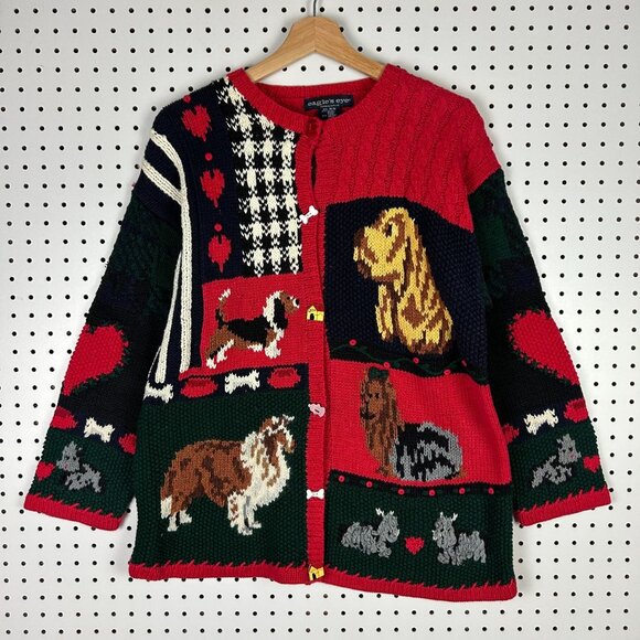 Eagle's Eye Knit Dog Cardigan Sweater Medium Vintage 90s Red Grandma Puppy Ramie - Picture 1 of 6